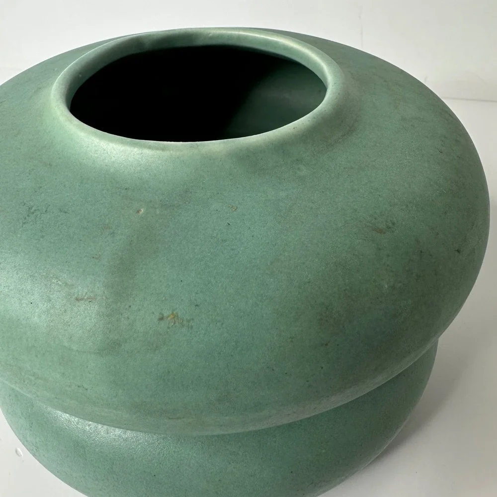 2 Art‎ Pottery Matte Green Low Profile Round Vases MCM Style Unmarked 2
